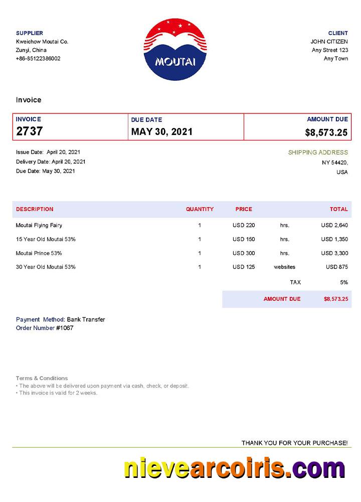 USA Moutai invoice